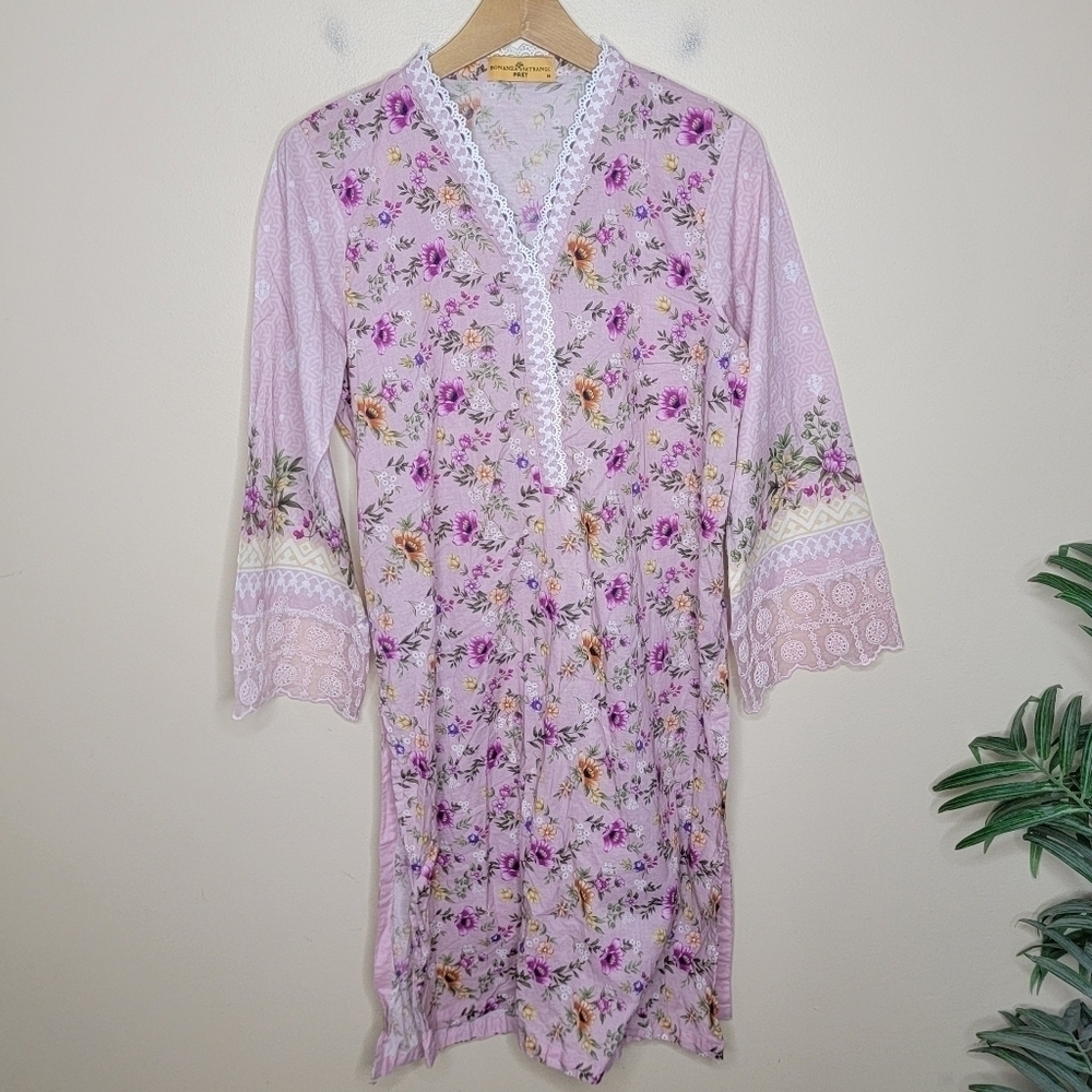 Bonanza Satrangi Pret | Floral Pink Women Tunic with Lace Trim